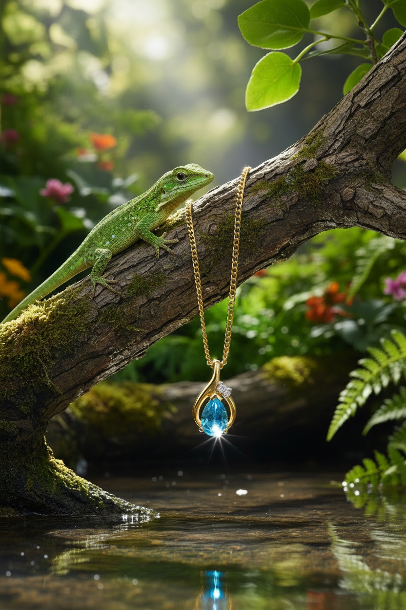 Blue topaz pendant with lizard on branch