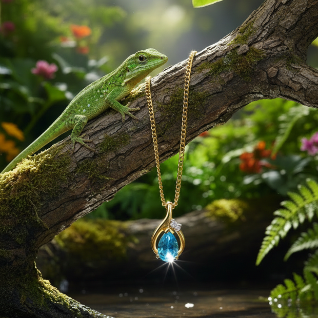 Blue topaz pendant with lizard on branch