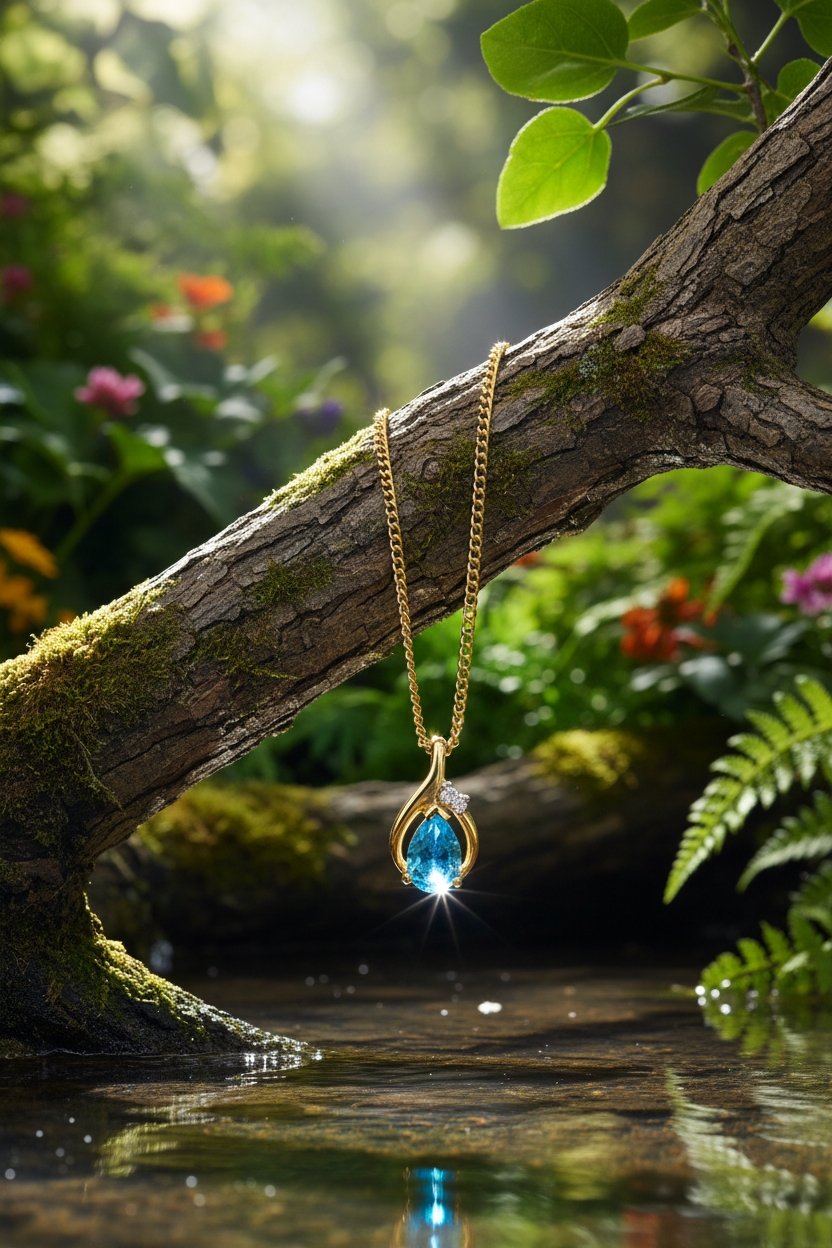 Blue topaz pendant with single chain over water