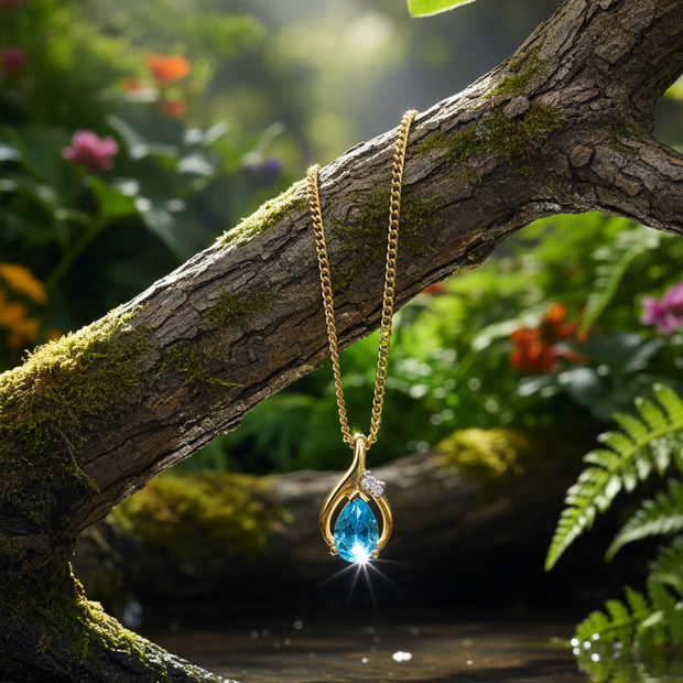 Blue topaz pendant with single chain over water