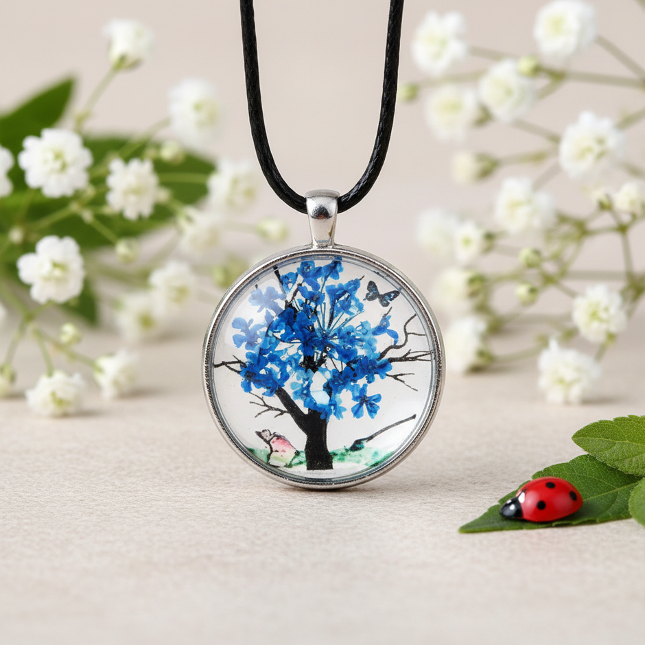 Pendentif Collier Arbre de Vie en Résine et Cristal Naturel