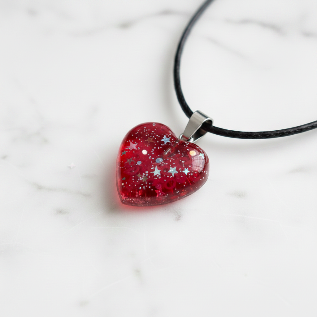 Clear Rose Resin Heart Glitter Pendant - Redder