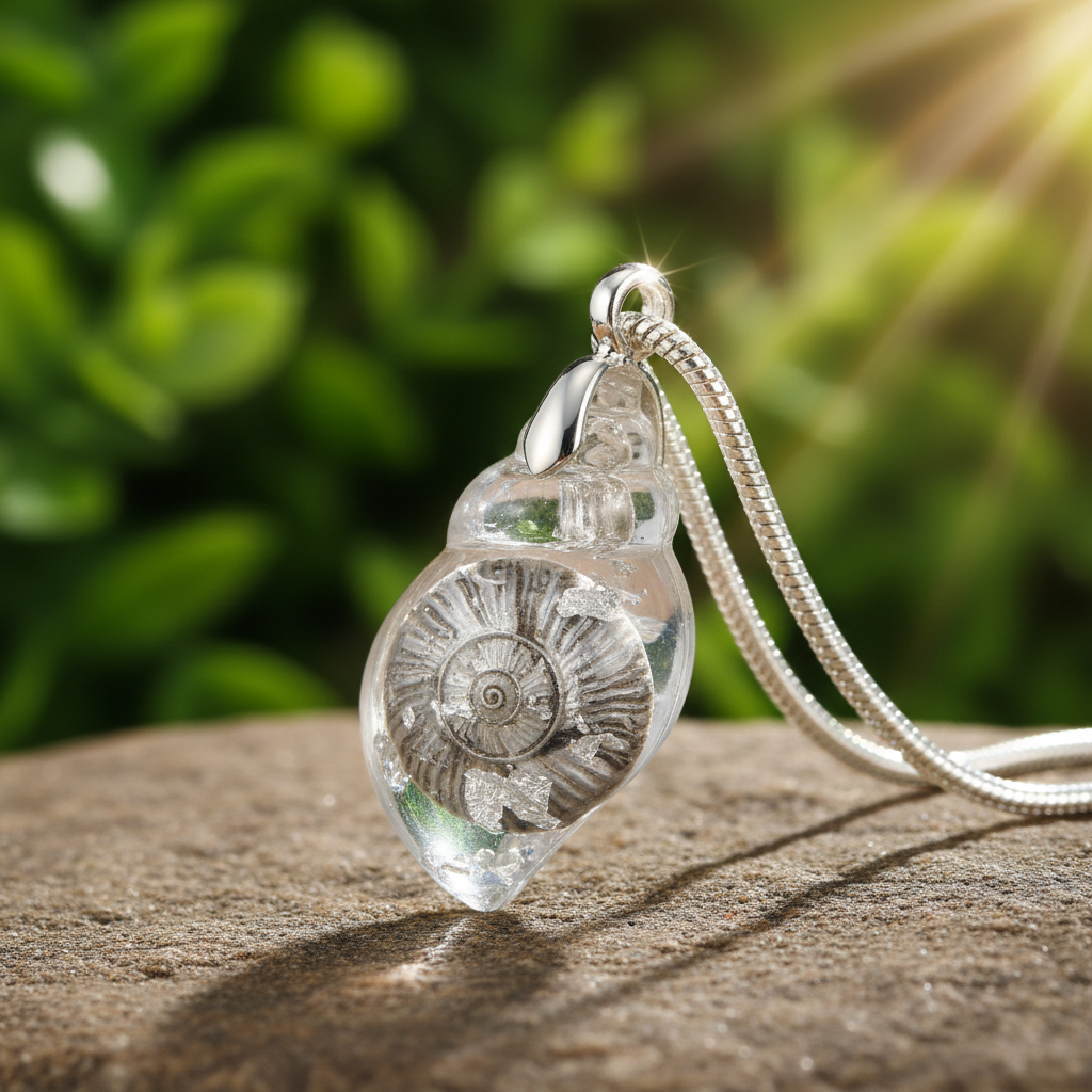 Clear shell charm close-up with single chain - v3