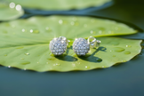 Clear silver ball stud earrings on lily pad
