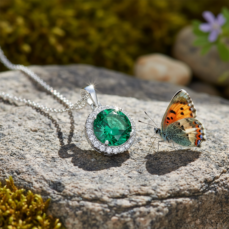 Close-up emerald pendant with butterfly accent