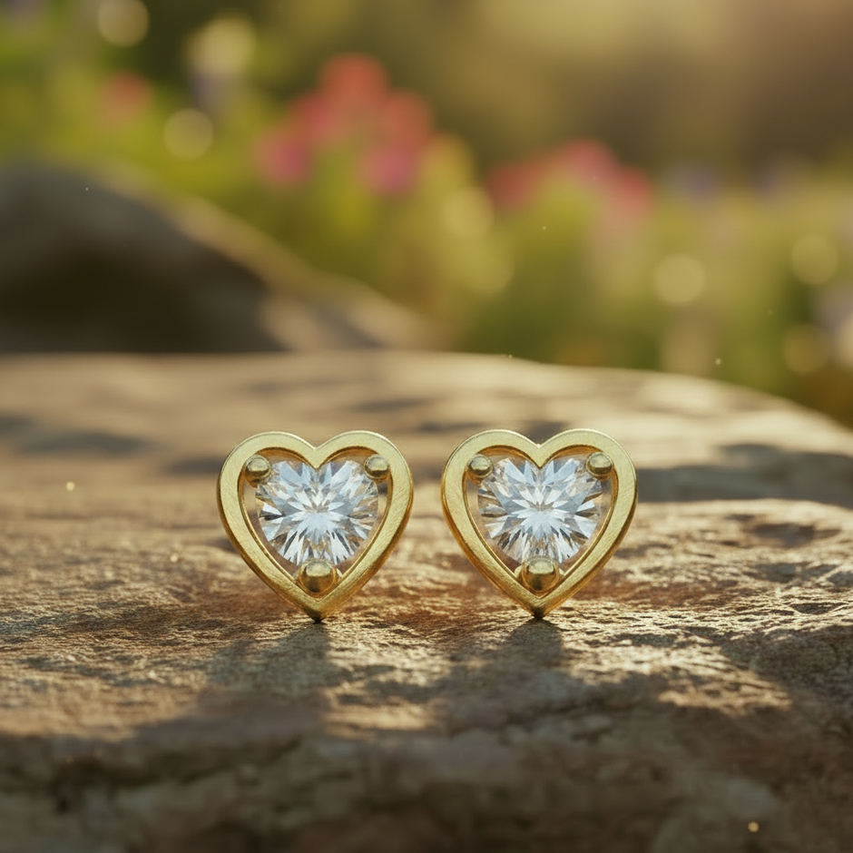 Close-up heart earrings with natural lighting