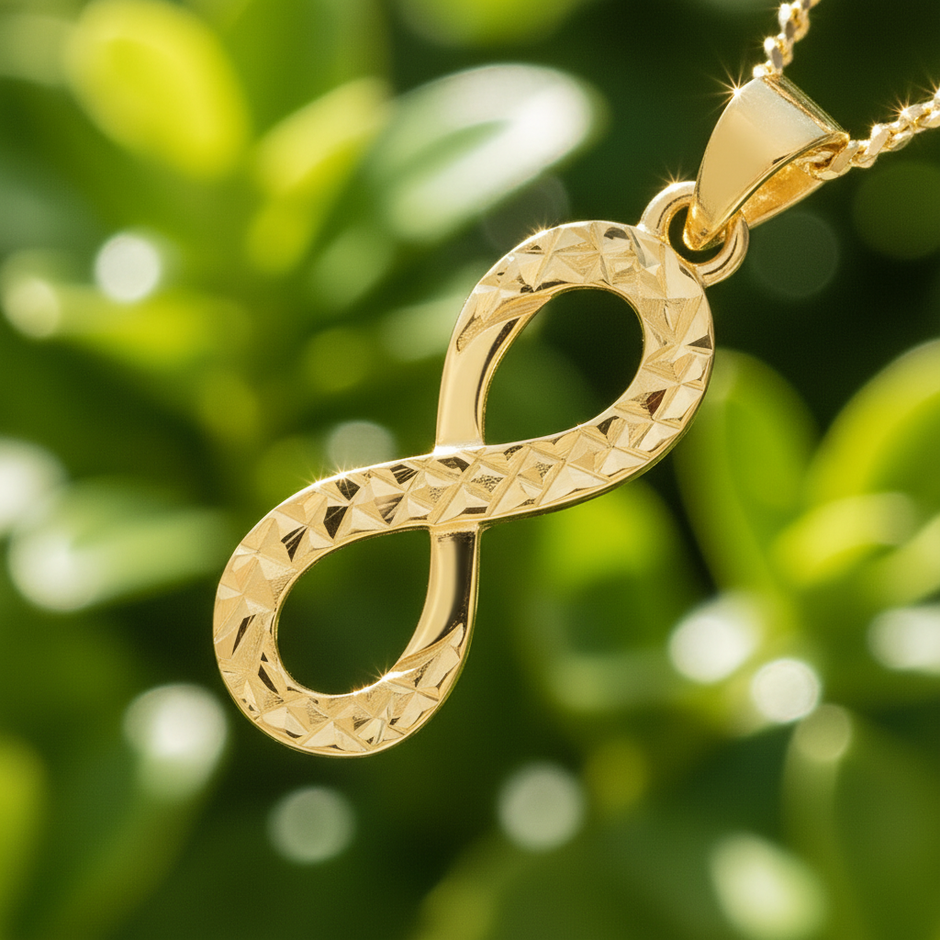 Close-up infinity pendant with natural background