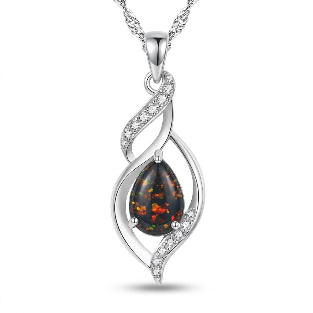 925 Sterling Silver Black Opal Twisted Pendant Necklace