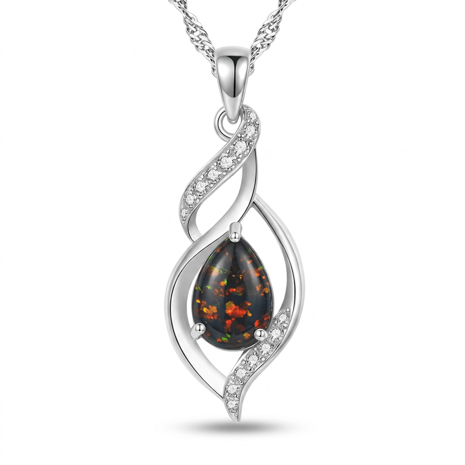925 Sterling Silver Black Opal Twisted Pendant Necklace