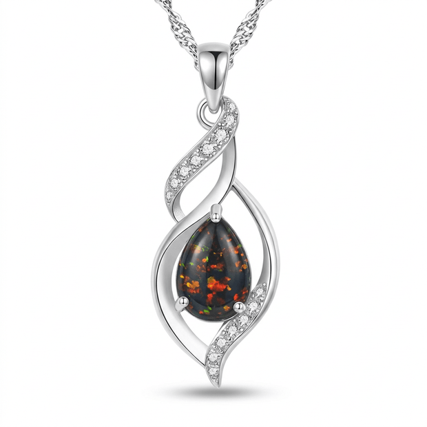 925 Sterling Silver Black Opal Twisted Pendant Necklace