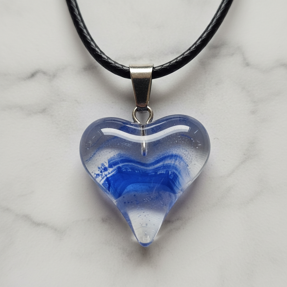 Cobalt Blue Wave Glass Heart Pendant