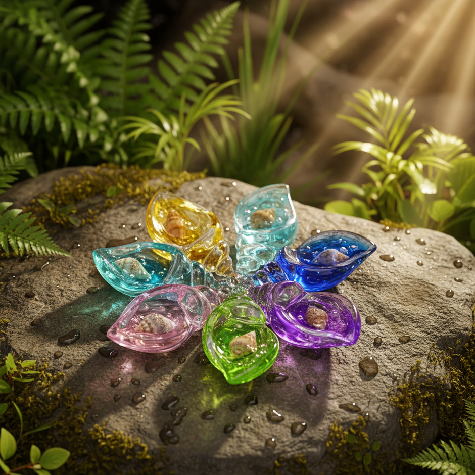 Colorful shell charms on rock with lush sunlit background - version 2