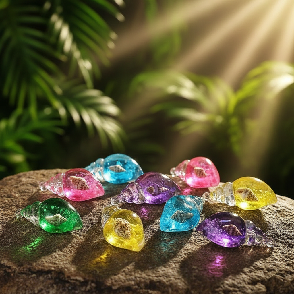Colorful shell charms on rock with lush sunlit background