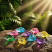 Colorful shell charms on rock with lush sunlit background