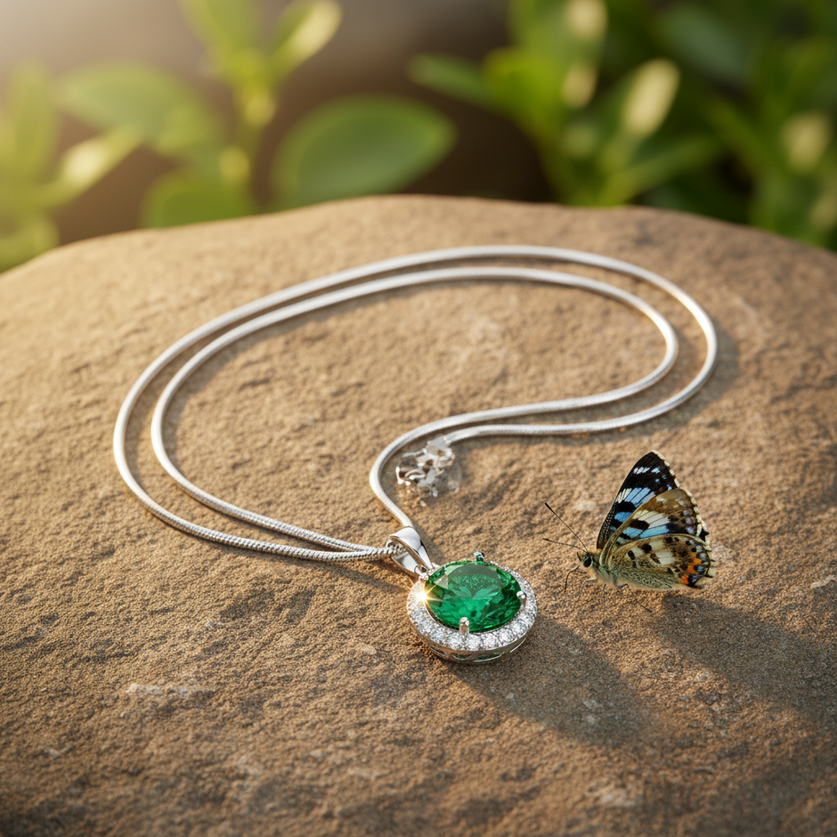 Complete emerald necklace with connected snake chain