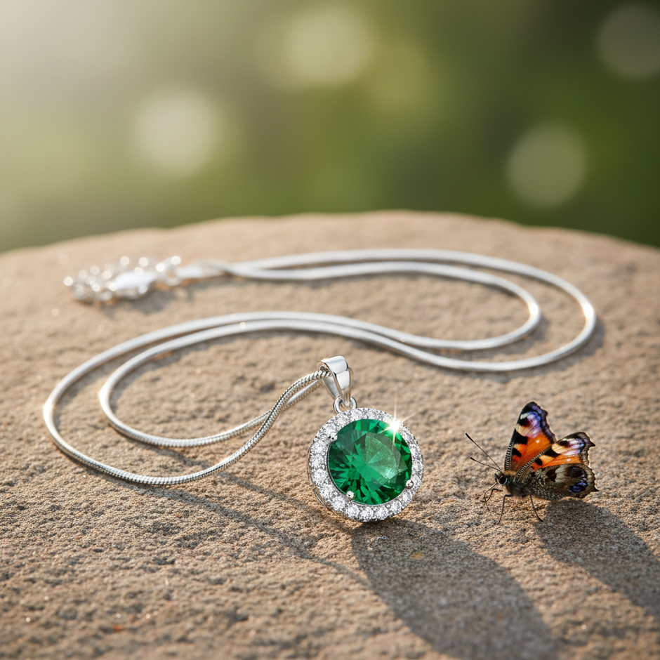 Complete emerald pendant necklace with full snake chain