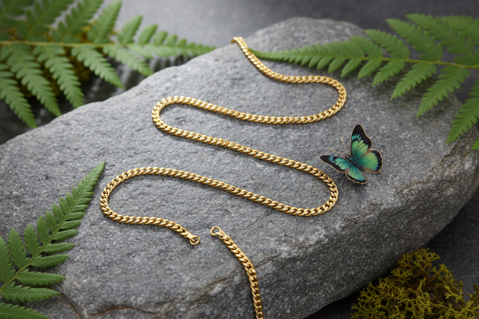 Complete gold chain on rock with butterfly and greenery