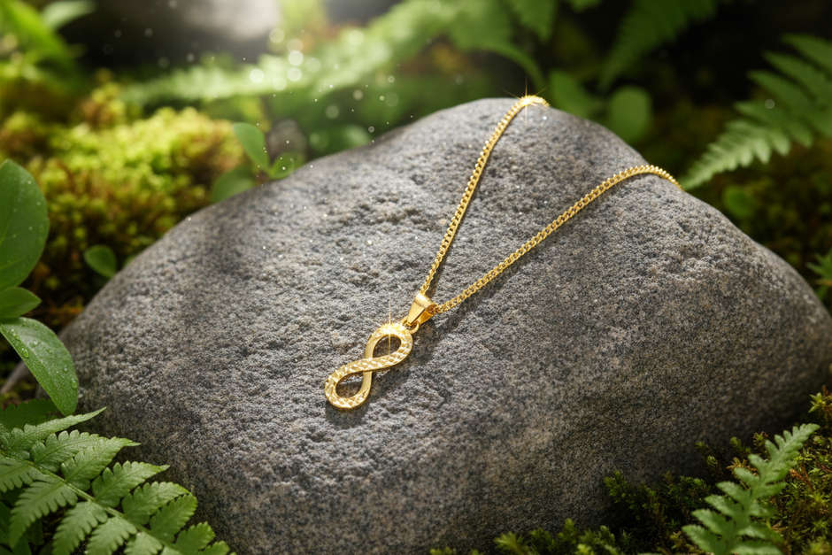 Complete gold infinity necklace on rock with greenery