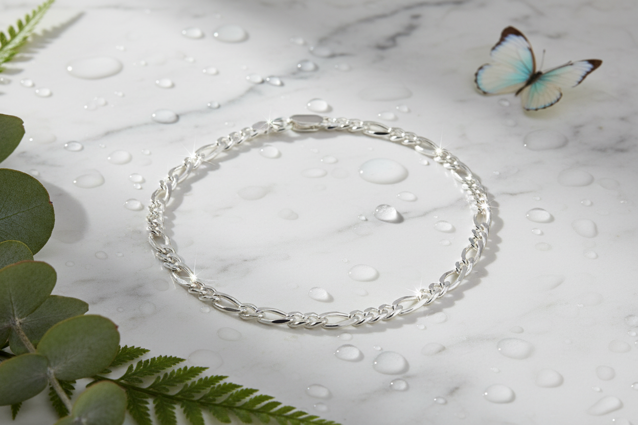 Complete Italian sterling silver figaro bracelet on marble with water drops, butterfly and greenery