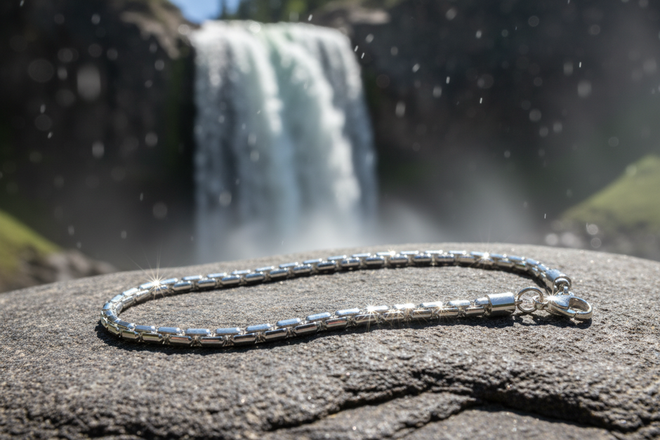 Complete sterling silver figaro chain bracelet near waterfall with sparkle