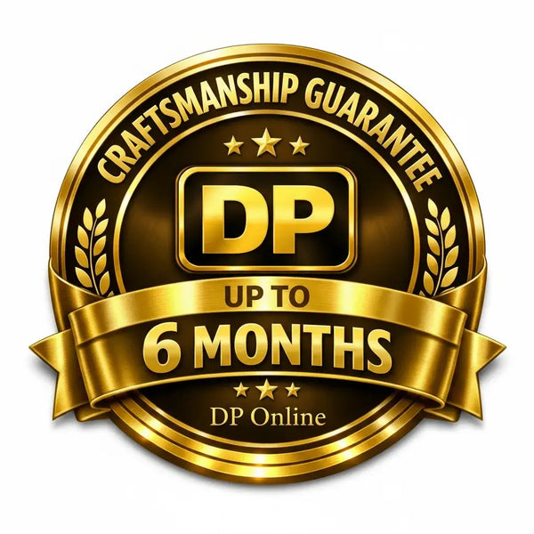 A circular gold and black digital graphic badge featuring the text 'CRAFTSMANSHIP GUARANTEE', 'DP', 'UP TO 6 MONTHS', and 'DP Online'.