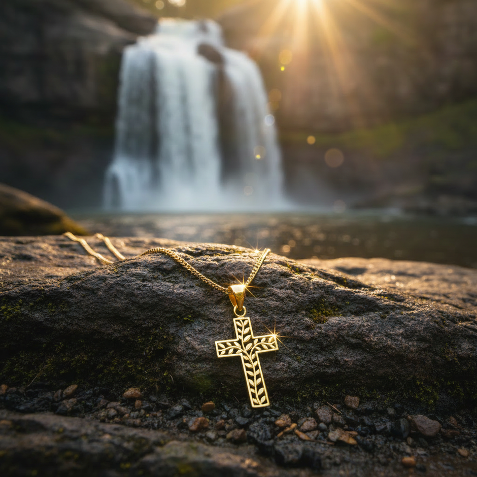 Cross pendant with greenery