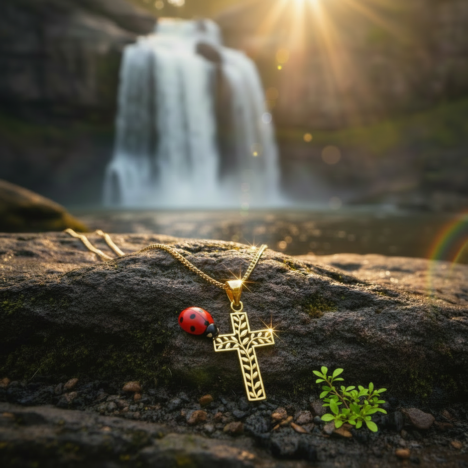 Cross pendant with ladybug on right side