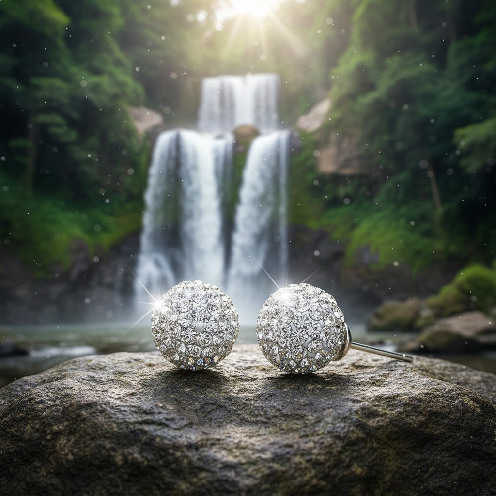 Crystal Ball Stud Earrings - Vibrant Waterfall Scene
