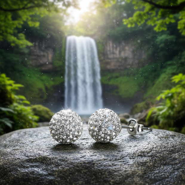 Crystal Ball Stud Earrings - Waterfall Scene