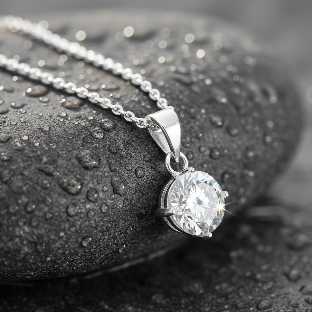 Cubic Zirconia Pendant on Rock with Water Droplets