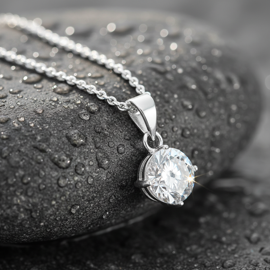 Cubic Zirconia Pendant on Rock with Water Droplets