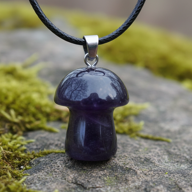 Dark Amethyst Mushroom Pendant – Rock Surface