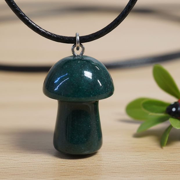 Dark Green Aventurine Mushroom Pendant – Wooden Surface