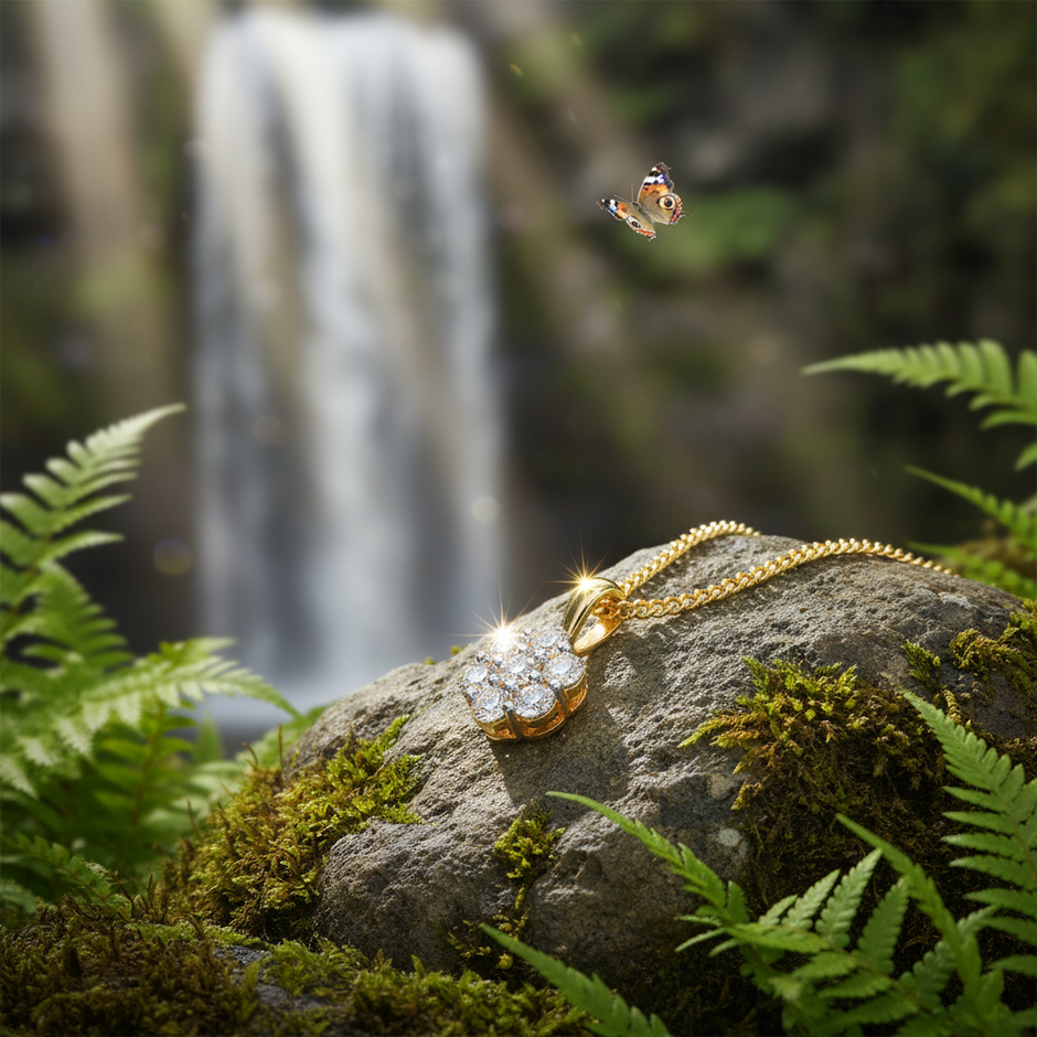 Diamond pendant from different angle on rock near waterfall