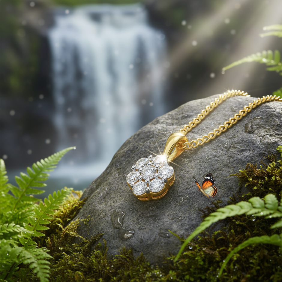 Diamond pendant on rock near waterfall with butterfly