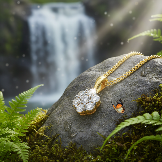 Diamond pendant on rock near waterfall with butterfly