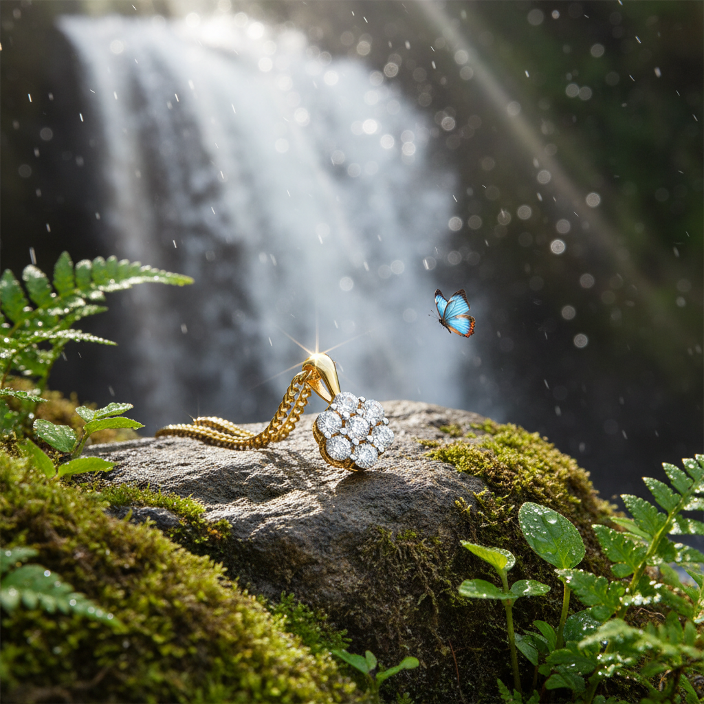 Diamond pendant on rock near waterfall with butterfly