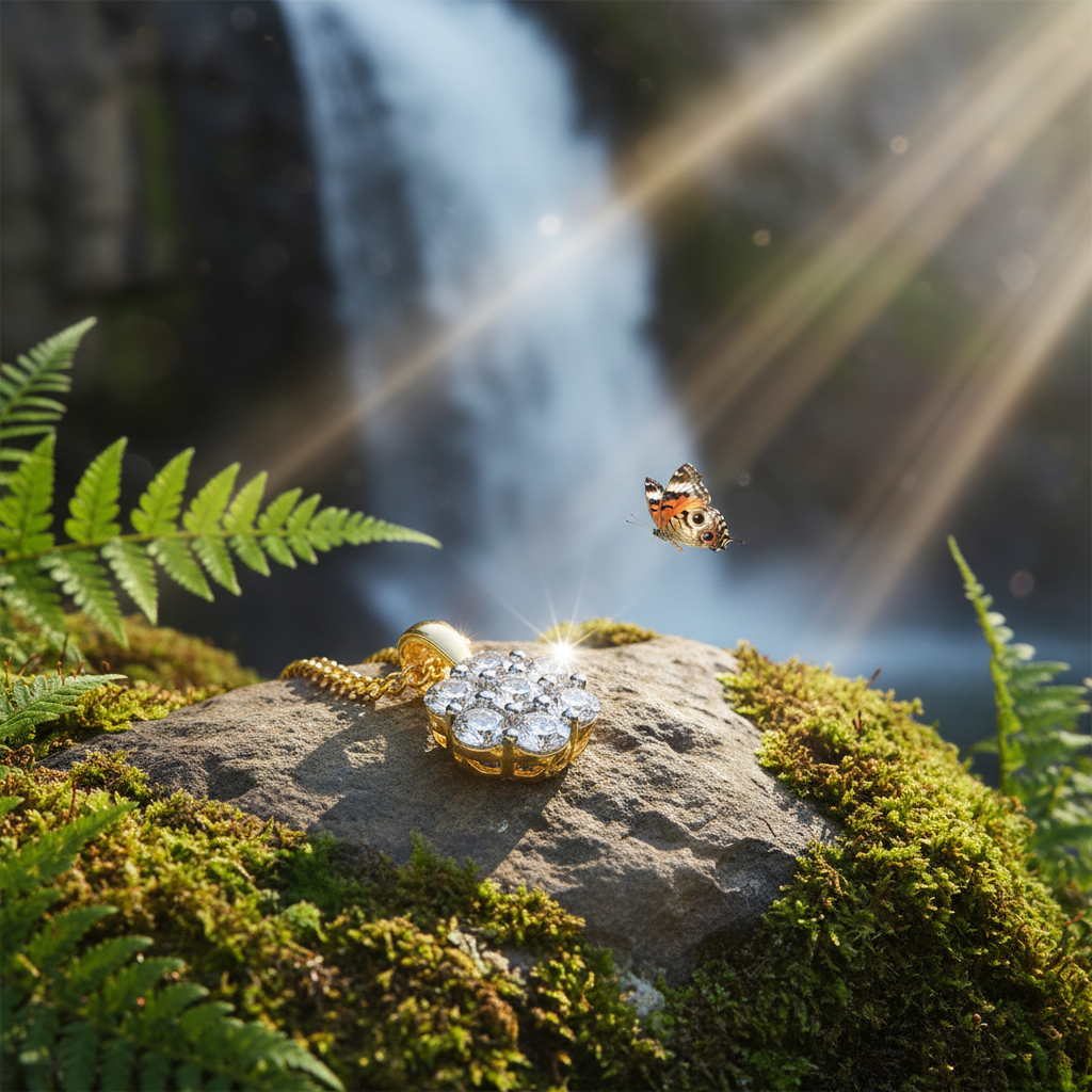 Diamond pendant with enhanced sparkle on rock near waterfall