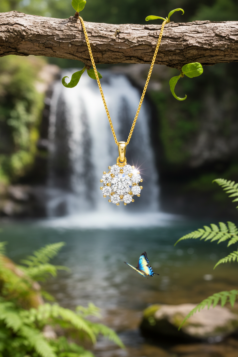 Diamond pendant with greenery and butterfly