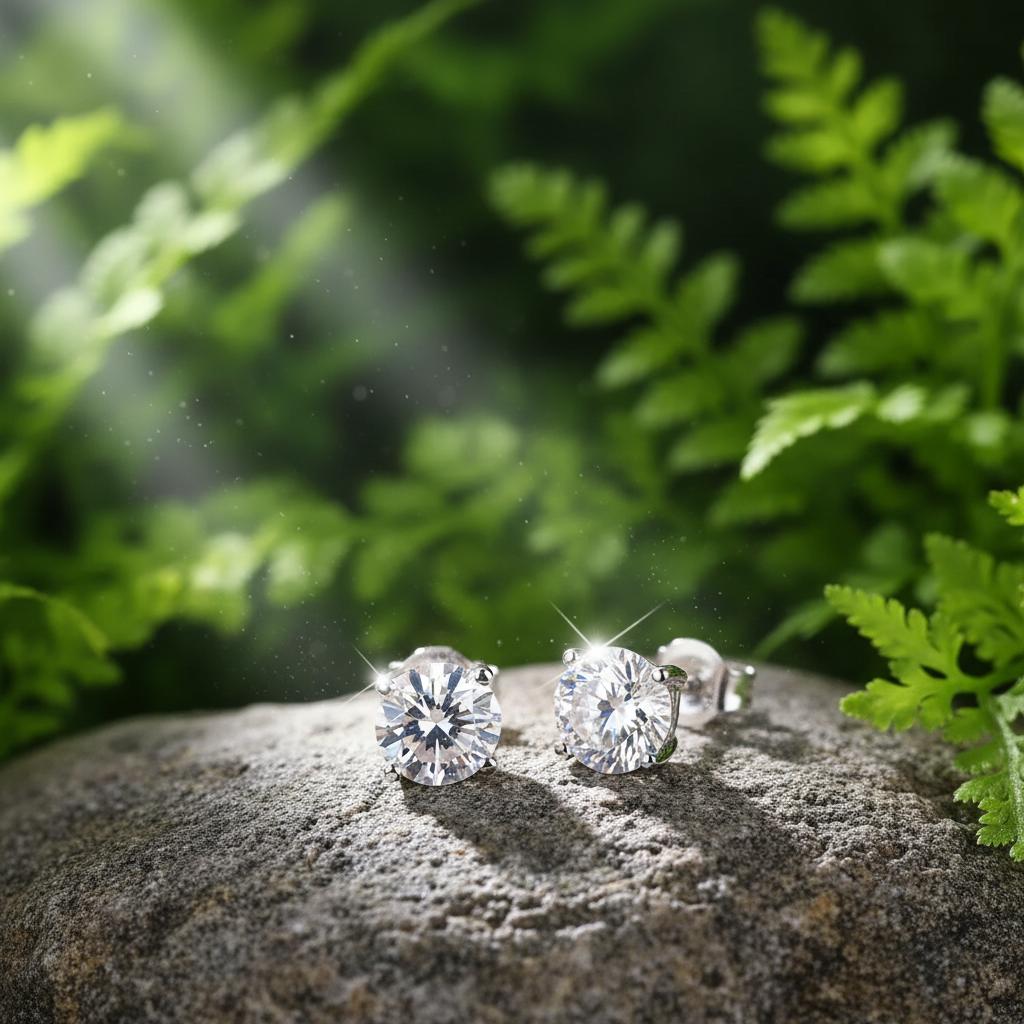Diamond Stud Earrings - Sunlit on Rock with Greenery