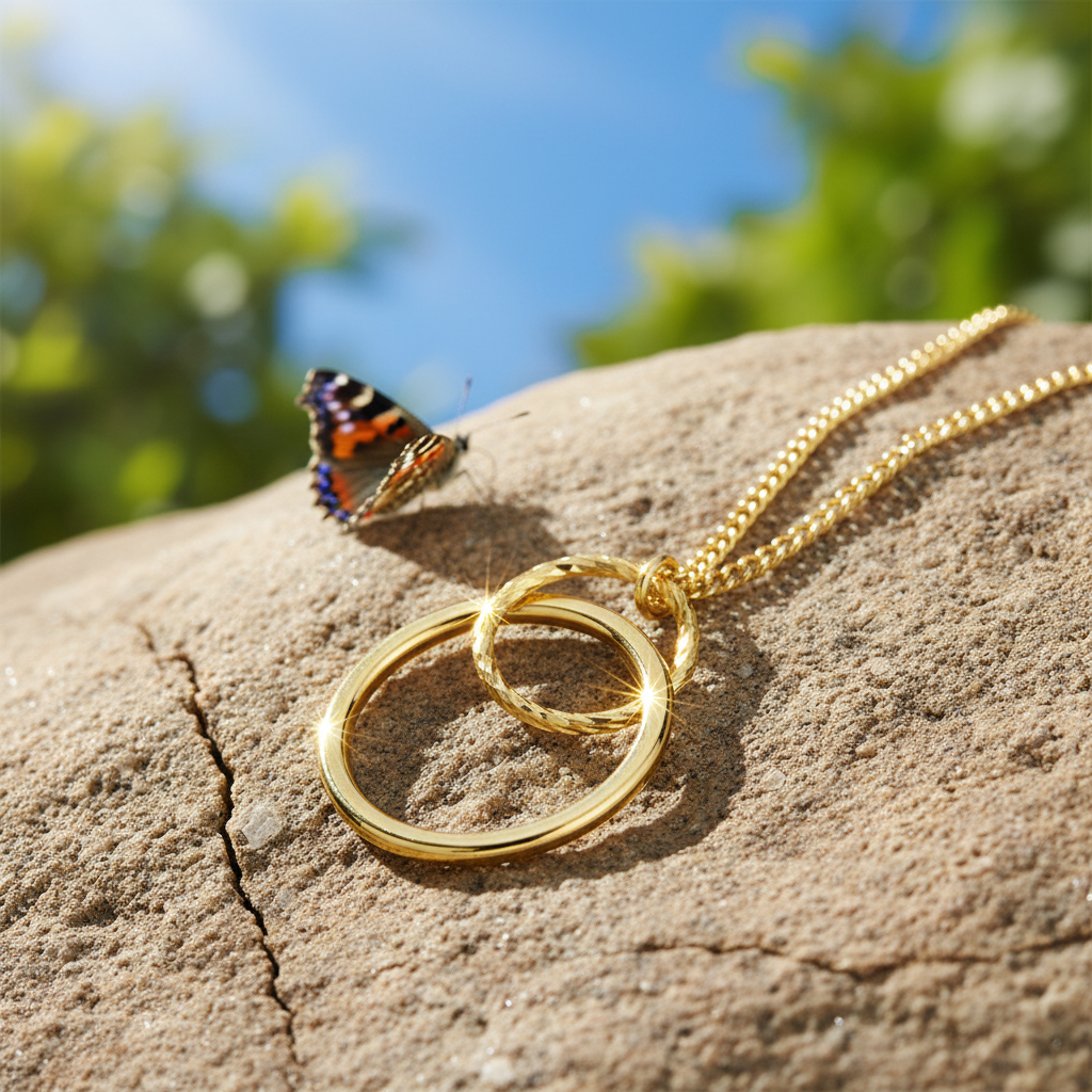 Double circle gold pendant alternative view with butterfly