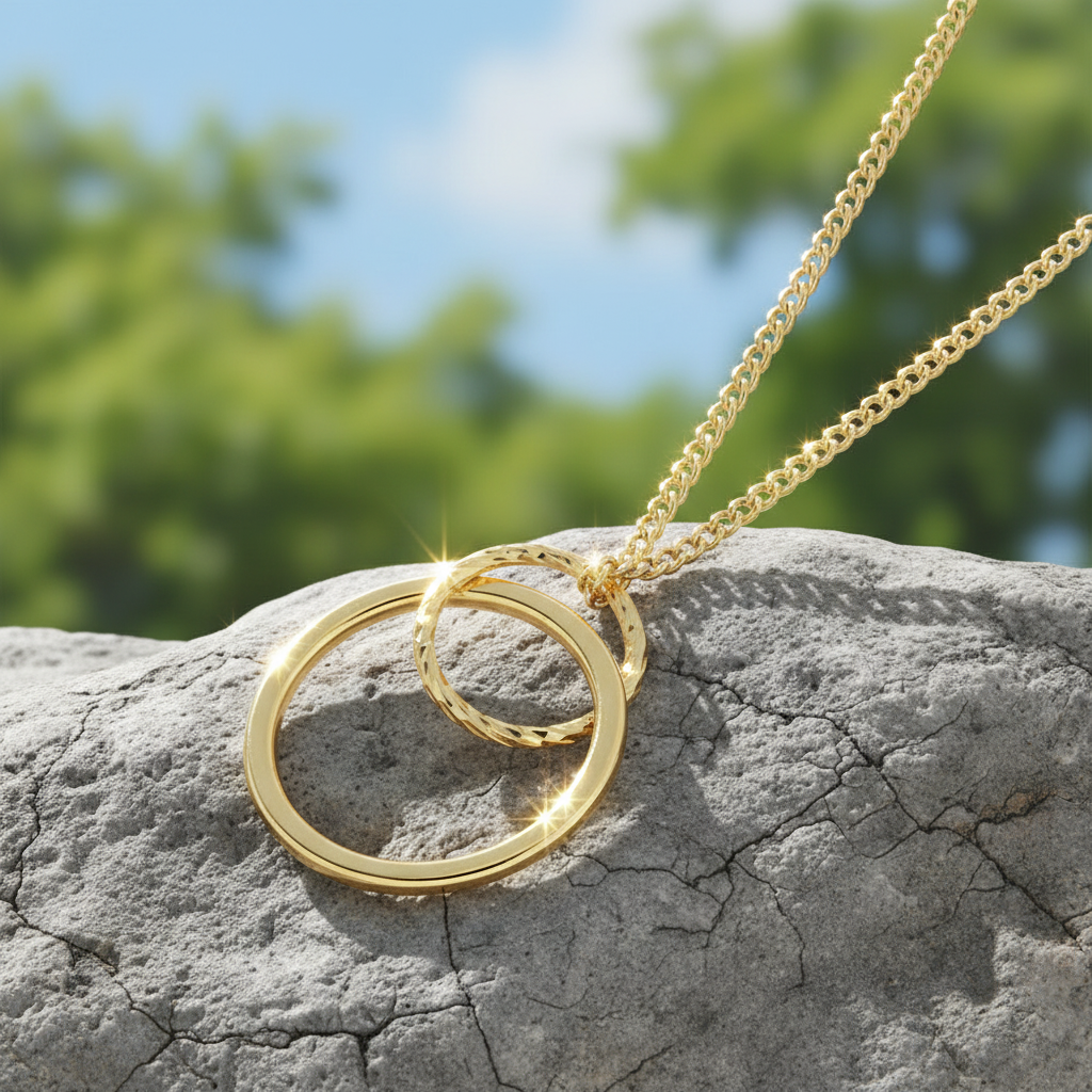 Double circle gold pendant on rock with natural sunlight