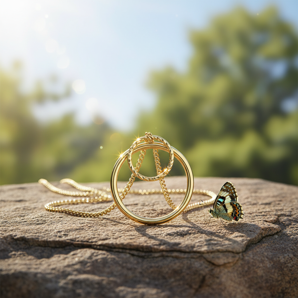 Double circle gold pendant with butterfly on rock
