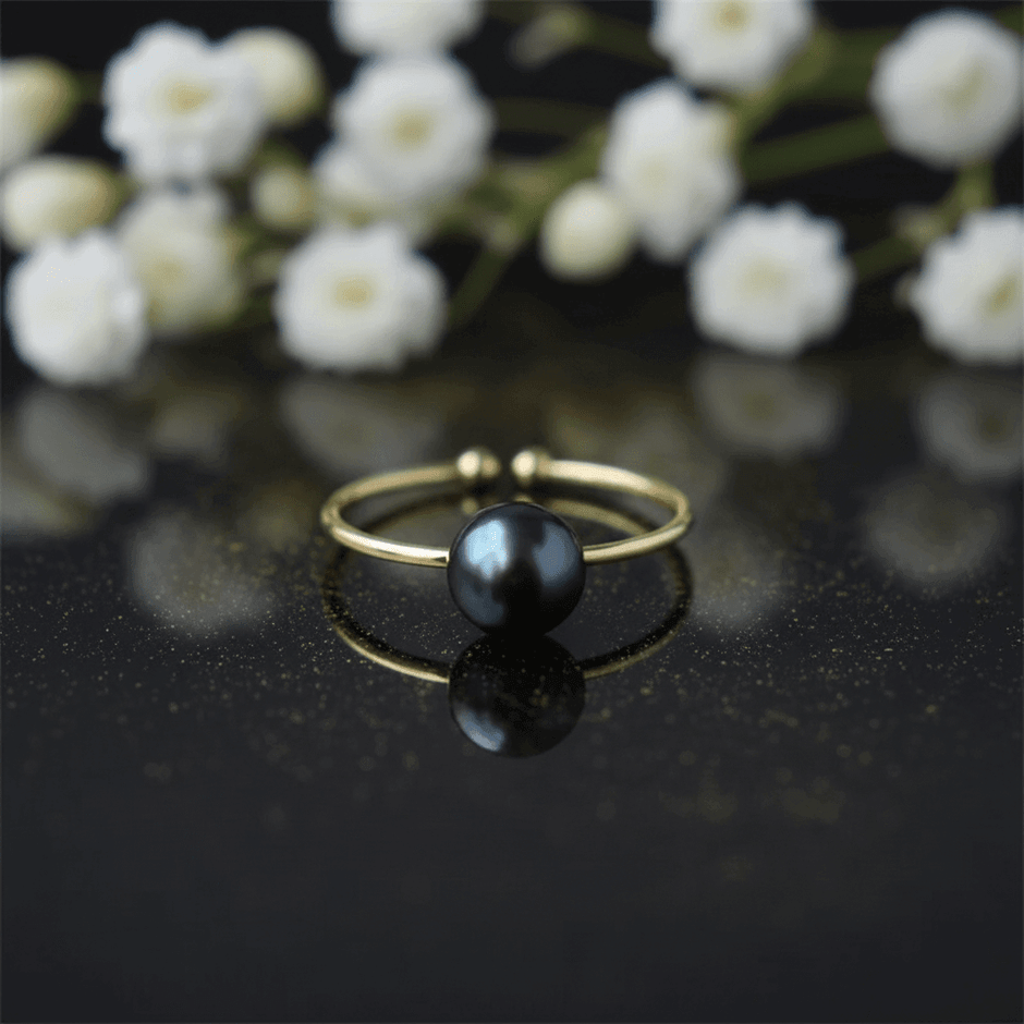Elegant 6.5-7mm Black Natural Freshwater Pearl Open Adjustable Ring - DP Online