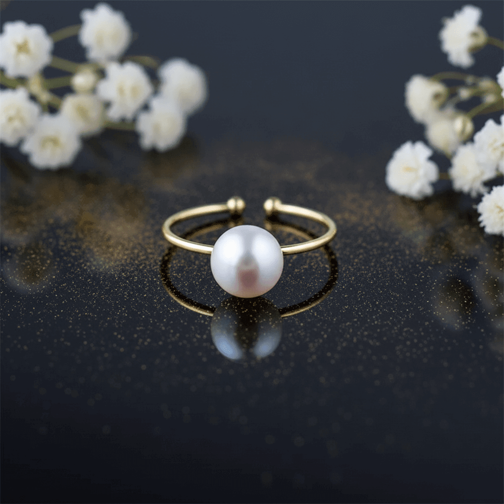 elegant freshwater pearl adjustable ring on a dark surface with small flowers in the background