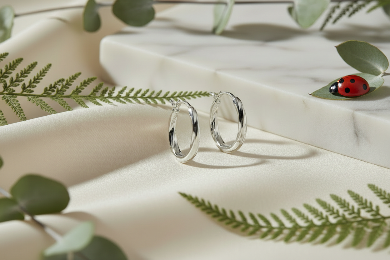 Elegant earring background with greenery and ladybug