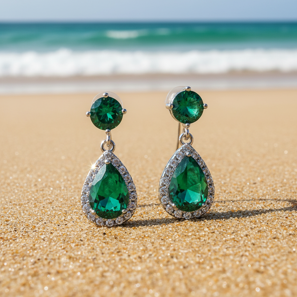 Emerald Dangle Earrings - Round Top Stones
