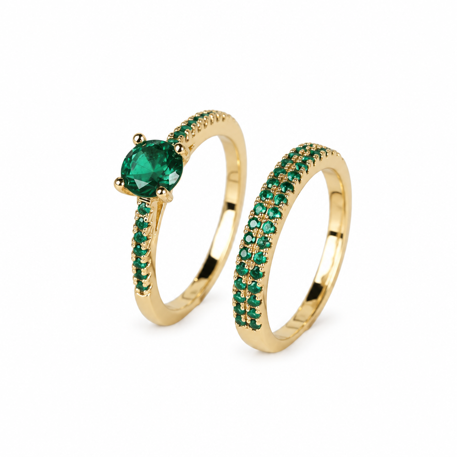 14ct Gold Titanium Emerald Duo Ring Set
