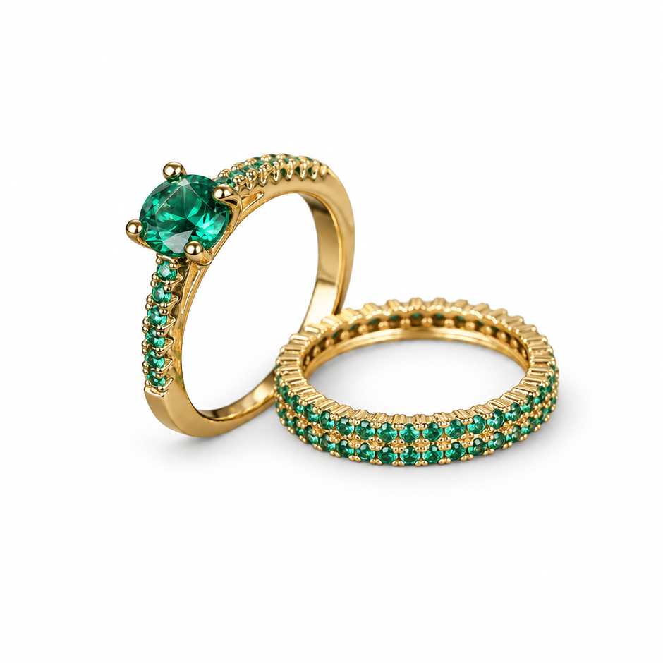 14ct Gold Titanium Emerald Duo Ring Set