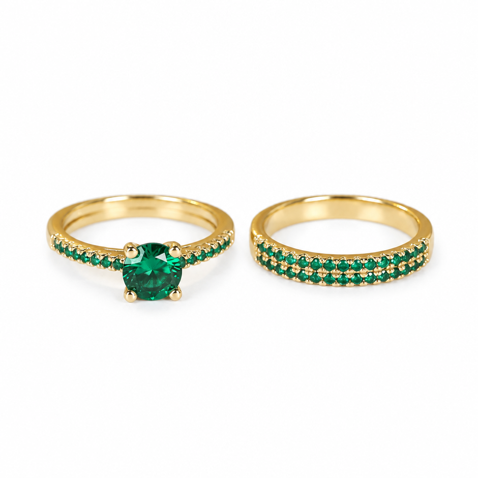 14ct Gold Titanium Emerald Duo Ring Set